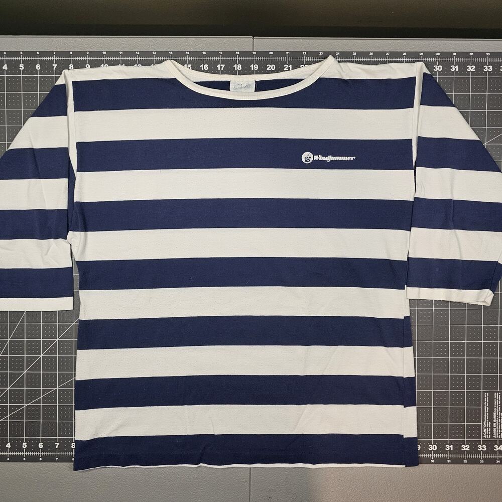 Vintage Windjammer Sailor Shirt Large Sea Quest Blue White Stripe 3/4 Sleeve 90s
